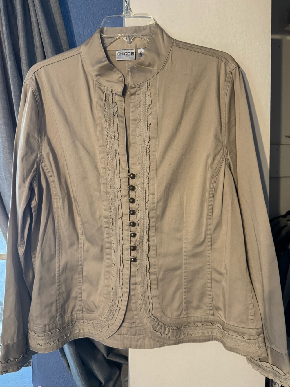 Chico's Taupe Ruffle-Trim Button-Front Utility Jacket